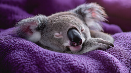 Fototapeta premium Sleeping koala resting on purple blanket in cozy environment