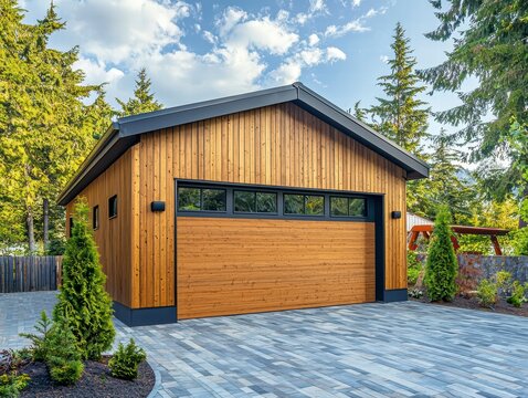 Modern Wooden Garage: A contemporary detached garage with a sleek wooden facade, black-framed windows, and a stylish paved driveway, nestled in a lush green landscape.  