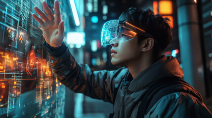 Cybersecurity expert manipulating digital graphs in a control room using AR visor and holograms