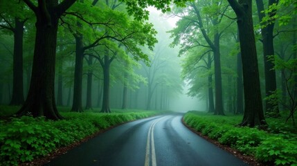 Obraz premium Misty Road Winding Through Lush Green Canopy of Tall Trees
