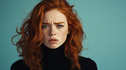 Fototapeta premium red-haired woman with natural wavy hair, looking annoyed with her eyebrows 