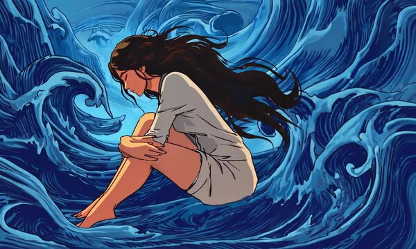 The environment around her abstract swirl of dark blue waves, overwhelming tide of depression. She sits curled up at the center, face hidden, anime-style