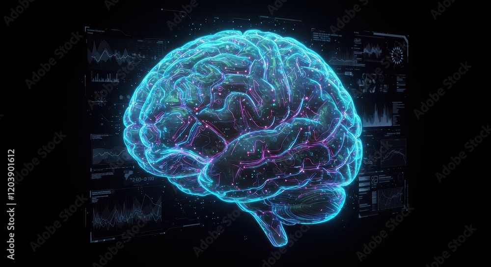 Poster digital brain with circuit, concept of artificial intelligence