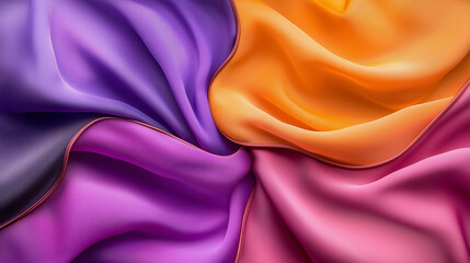 Texture of soft, flowing fabric with rich folds and a silky sheen, captured in vibrant jewel tones under dramatic lighting. Purple orange and pink