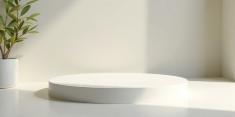 Minimalist White Platform Display with Potted Plant and Soft Lighting