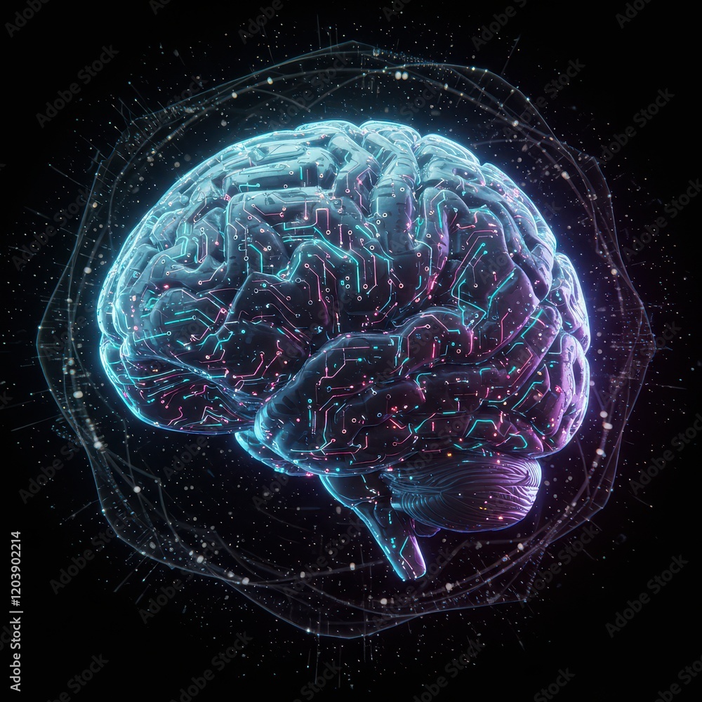 Poster digital brain with circuit, concept of artificial intelligence