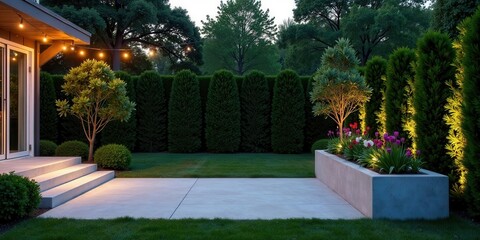 Obraz premium Serene Evening Garden Landscape Featuring a Contemporary Patio and Lush Greenery Illuminated by Soft Outdoor Lighting