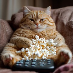Lazy Chubby Cat Enjoying Movie Time with Popcorn