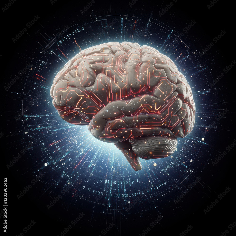 Poster digital brain with circuit, concept of artificial intelligence