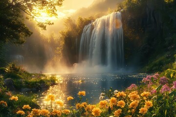 a majestic waterfall cascades through misty morning light surrounded by lush vegetation and delicate cherry blossoms golden sunbeams piercing through the spray creating ethereal rainbow effects