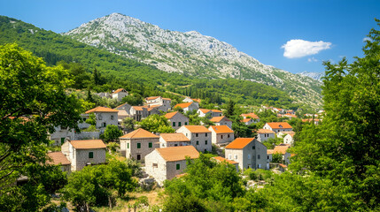 Fototapeta premium Picturesque mountain village, summer houses, lush greenery, idyllic background, travel postcard