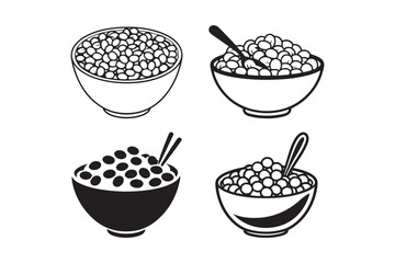 Set of Bowl Silhouettes with Food and Utensils for Craft Design