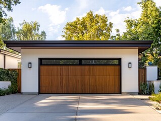Modern Garage Design: A contemporary detached garage with a sleek wooden door, clean white walls, and subtle landscaping.  The design exudes modern minimalist style.