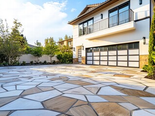 Modern Architectural Home Exterior: A contemporary home showcases its stunning irregular stone paved driveway, leading to a modern garage and a two-story house with large windows.