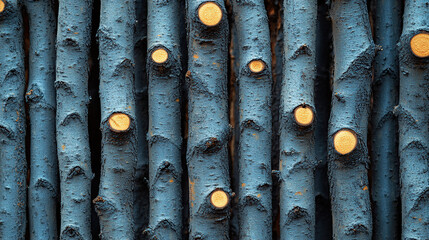 Close-up of many blue tree trunks with yellow cross sections pattern background