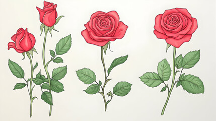 Red roses, various stages of bloom, isolated on white background; ideal for floral design or greeting cards