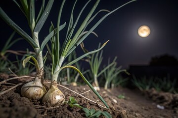 Night Photography: Onion Growth Stages Under Moonlight