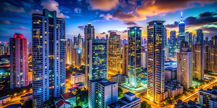 Night Photography: Modern City Buildings, Illuminated Facades, Urban Skyline, Cityscape at Night, Edificios 02