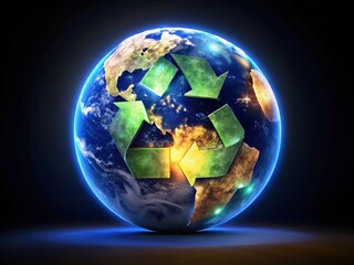 Fototapeta premium Night Photography: Recycling Symbol Hovers Over Earth Globe, Isolated on White Background