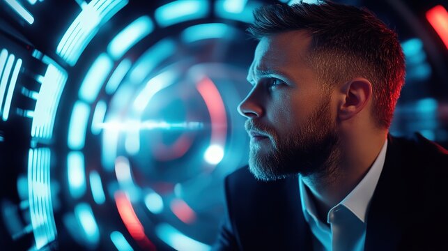 futuristic theme businessman with glowing neon light background, online business and technology adaptation advantage concept 