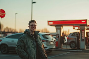 Man Enjoying Friendly Interaction While Refueling Car at Gas Station
