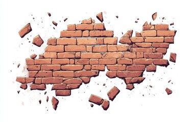 Broken brick wall with scattered fragments isolated on white background.