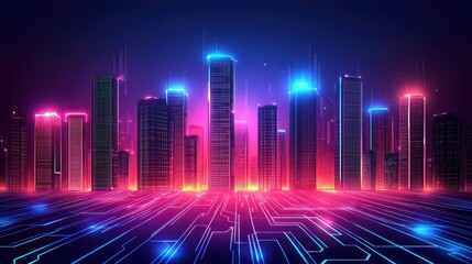 Neon Cityscape Illuminated With Futuristic Technology