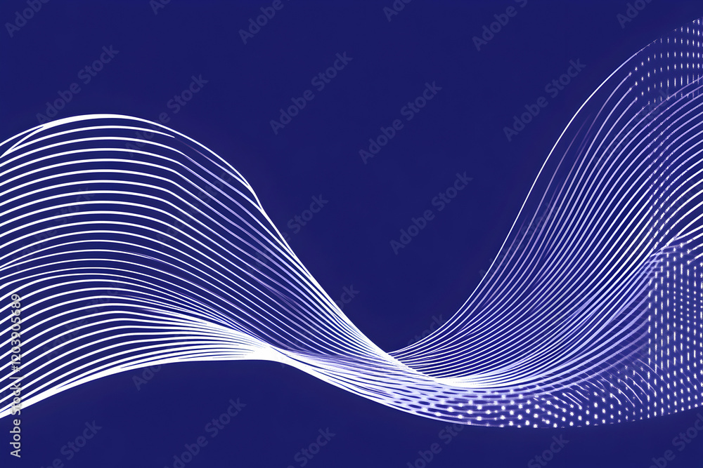Poster abstract flowing white lines on a deep blue background; elegant, dynamic design ideal for website ba