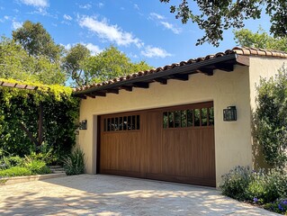 Charming Garage with a View: A beautifully designed wooden garage door adds a touch of rustic charm to this elegant Mediterranean-style home. Surrounded by lush greenery and bathed in warm sunlight.