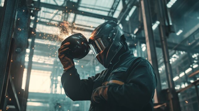 A welder in protective gear and helmet, holding a welding mask and standing in front of a metal joint with visible sparks and welds, Construction site scene