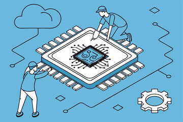 AI chip, microprocessor, tiny people, digital innovation, technological advancement, blue background, minimalist design, cartoon style, circuit patterns, cloud computing, data processing, futuristi