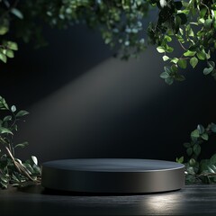 Dark minimalist product display platform with foliage.