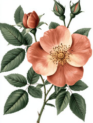 Botanical rose illustration with green leaves and blooming flowers