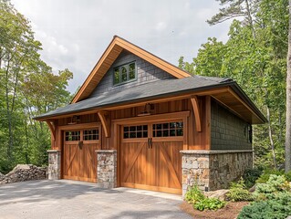 Rustic Elegance:  A two-car garage with a classic, rustic appeal features a wooden frame with a slate roof and stone accents. The double doors, with a combination of wood and glass panels.