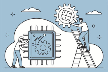 AI chip, microprocessor, tiny people, digital innovation, technological advancement, blue background, minimalist design, cartoon style, circuit patterns, cloud computing, data processing, futuristi