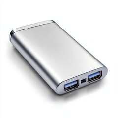 A sleek, silver external battery pack with dual USB ports, designed for charging devices on the go white background