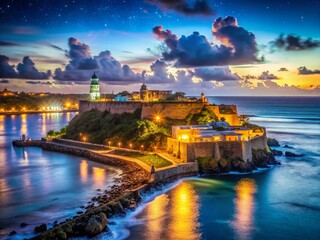 Night View of San Juan Cityscape from Castillo San Cristobal, Puerto Rico