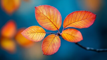 Obraz premium Captivating close-up showcasing vibrant orange and red autumn leaves against a soft blue background emphasizing the intricate details of the foliage