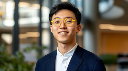 Smiling young man in glasses, modern office background, professional headshot, for website profiles