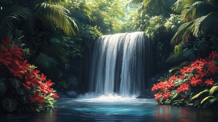 Obraz premium Serene waterfall cascading through lush tropical foliage, surrounded by vibrant flowers and tranquil pool