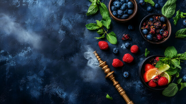 Smoky hookah with berry mix, mint, citrus on dark background. Perfect for restaurant menu or blog