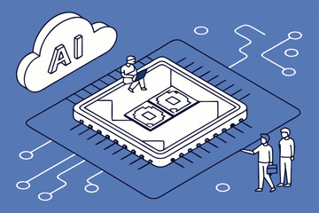 AI chip, microprocessor, tiny people, digital innovation, technological advancement, blue background, minimalist design, cartoon style, circuit patterns, cloud computing, data processing, futuristi