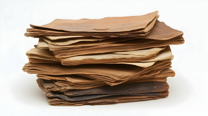 Stack of aged, leather-bound books on white background; historical research, education