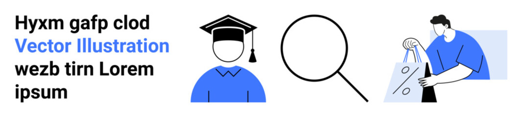 Graduate in cap and gown, magnifying glass, and person holding shopping bags. Ideal for education, research, e-commerce, learning tools, online shopping academic success user interface. Landing