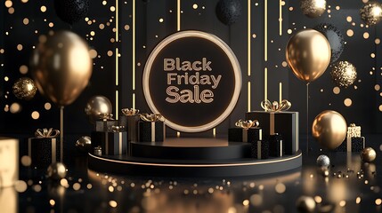 A black podium with a golden neon circle and the text Black Friday Sale on a black background, 