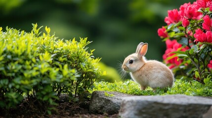 Fototapeta premium Rabbit hopping in a lush green garden.