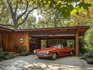 Fototapeta premium Mid-Century Modern Garage: A classic red convertible car sits proudly in a modern, open garage space, blending sleek design with natural surroundings. The wooden accents, leafy foliage.