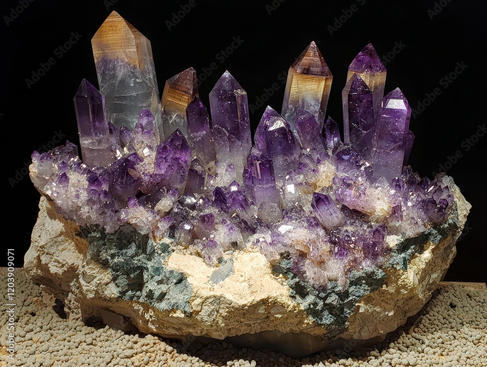 Poster amethyst geode cluster: a mesmerizing display of amethyst crystals, each with its unique, brilliant 