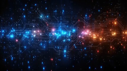 Abstract digital background showcasing vibrant blue, orange, and pink lights with circuit-like patterns