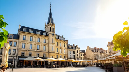 Fototapeta premium Sunny day in charming European town square, cafes with outdoor seating, historic architecture, travel tourism